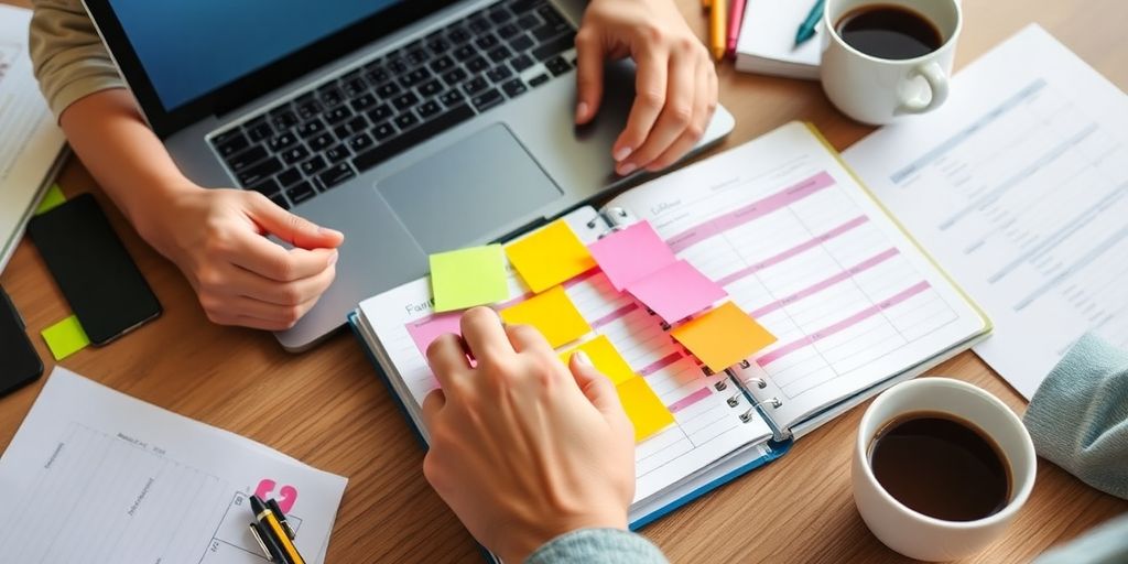 Student planning with a planner and colorful sticky notes.
