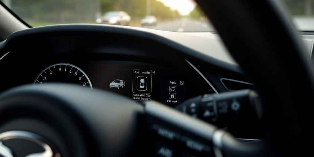 Mazda dashboard with Forward Smart City Brake Support indicators.