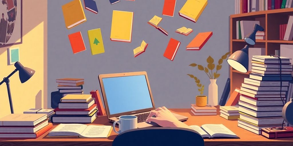 Person typing on laptop surrounded by floating colorful e-book covers