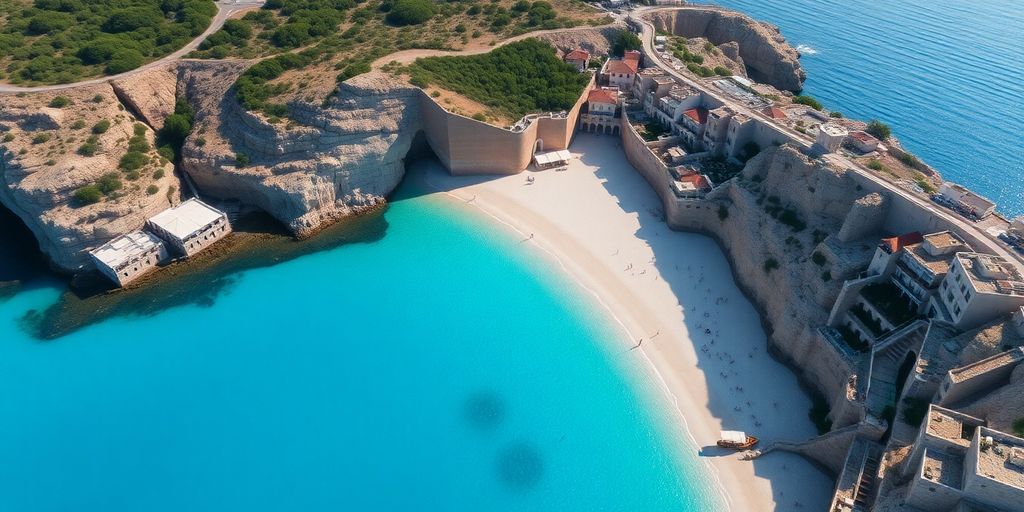 Aerial view of Balos Beach with turquoise waters.