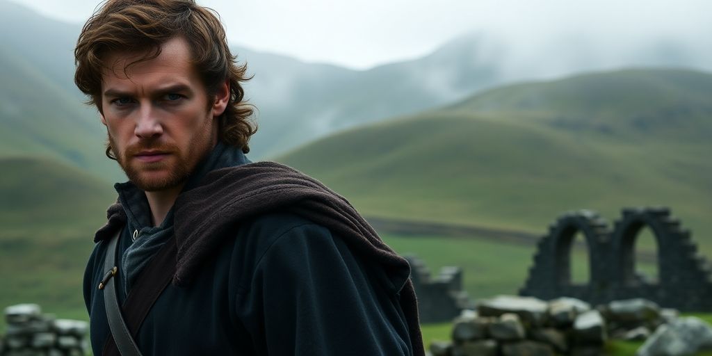 Jamie Fraser in Highland attire against a misty landscape.