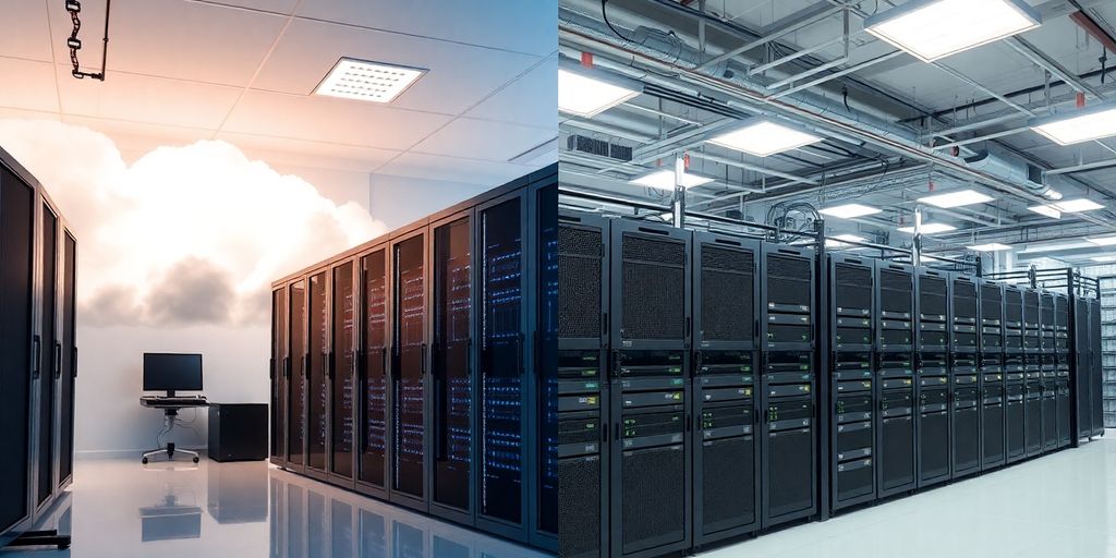 Cloud server room and on-premise data center side by side.