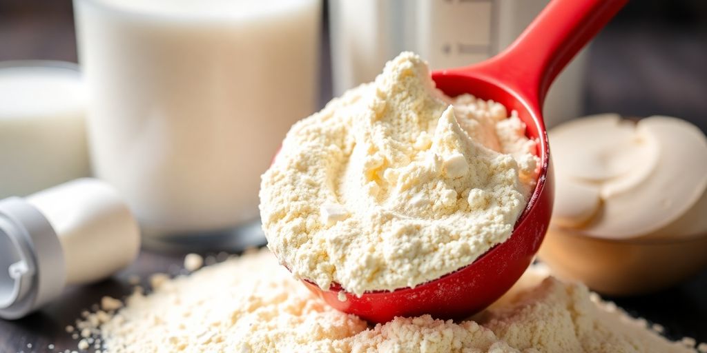 Imagem de proteína whey em um medidor com leite.