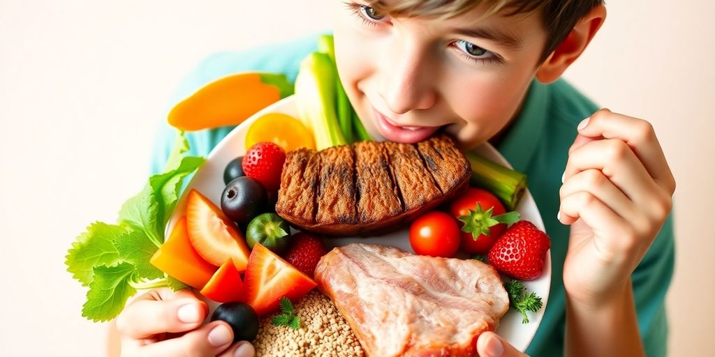 Teenager eating a colorful, balanced meal.