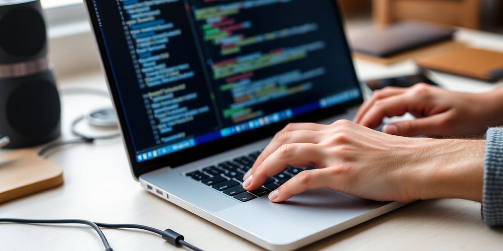 Developer typing on a laptop, emphasizing web accessibility work.