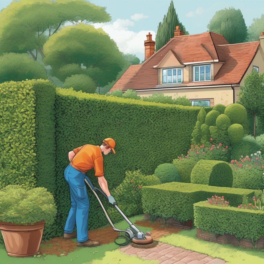 gardener trimming different types of hedges in a garden