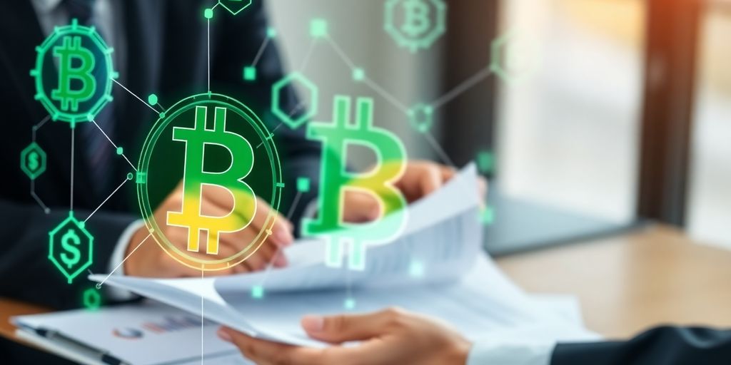 Blockchain symbols and accountant reviewing financial documents.