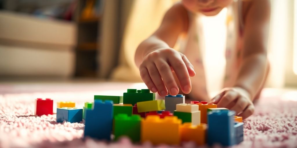 Child playing, surrounded by colorful building blocks.