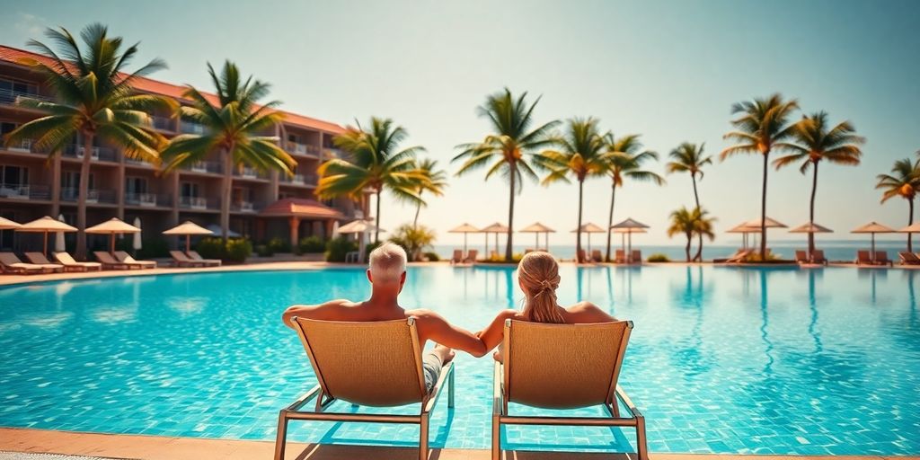 Couple relaxing poolside at luxury Cabo resort.