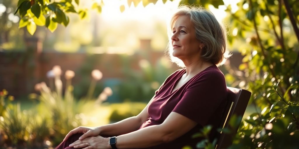 Mulher em um jardim, refletindo sobre a vida.
