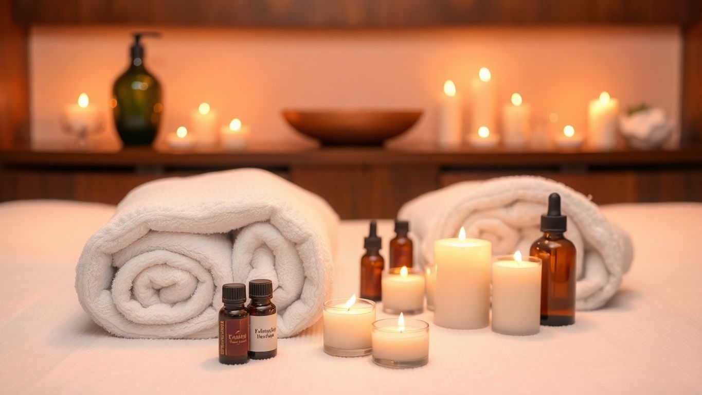 Masaj ürünleri ve ekipmanlarıyla huzurlu bir ortam.