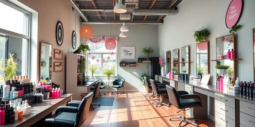 Bright salon interior with stylish decor and hair products.