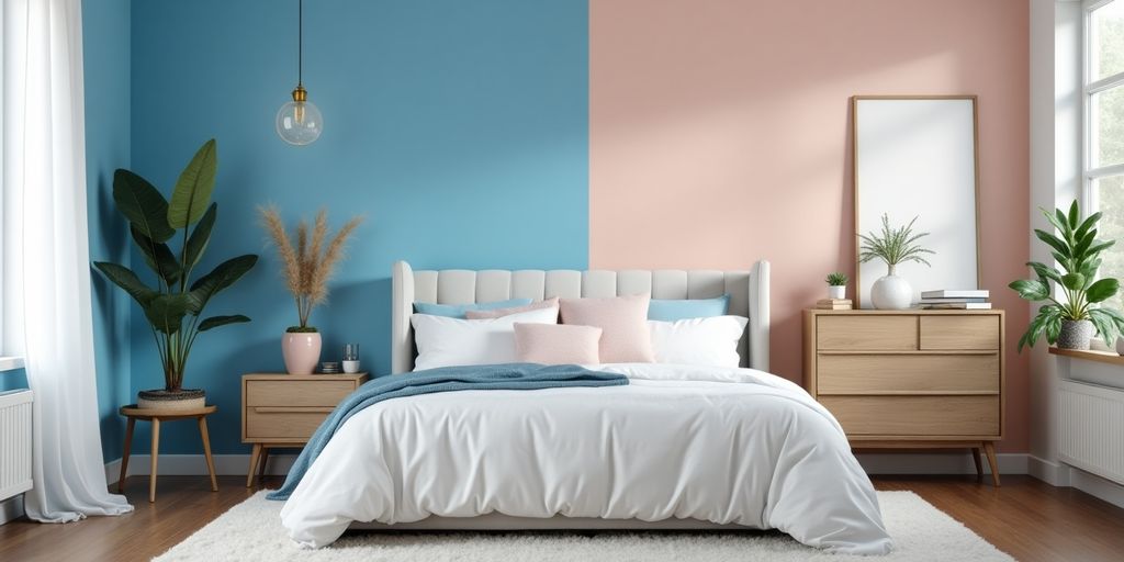 Vibrant and pastel colored bedroom side by side.
