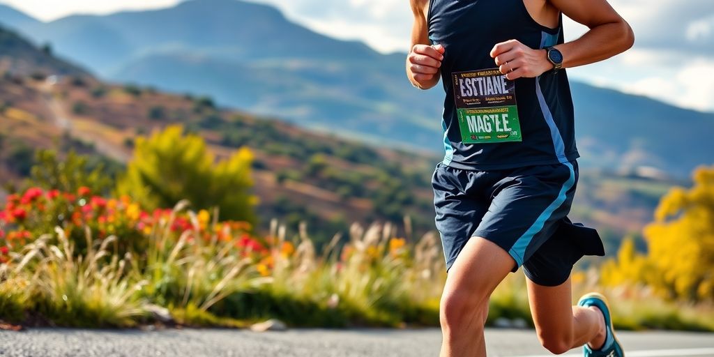 Runner pacing on a marathon route with hydration gear.