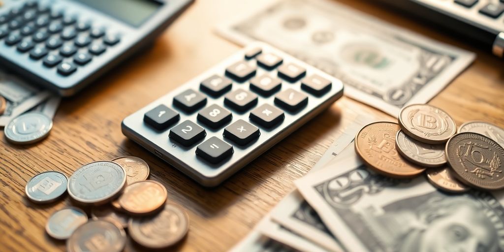 Calculator, coins, and dollar bills on a desk.
