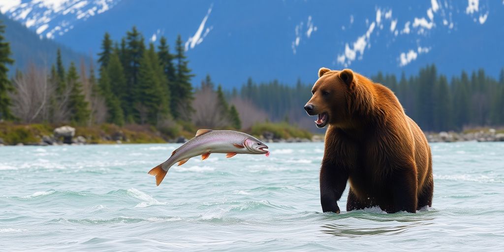 Grizzly bear catching a salmon in a rushing Alaskan river.