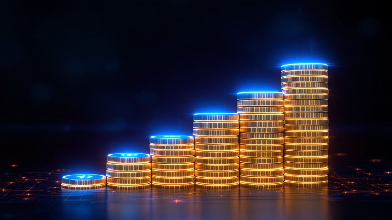 Ethereum coins accumulating, glowing blue against a dark background.