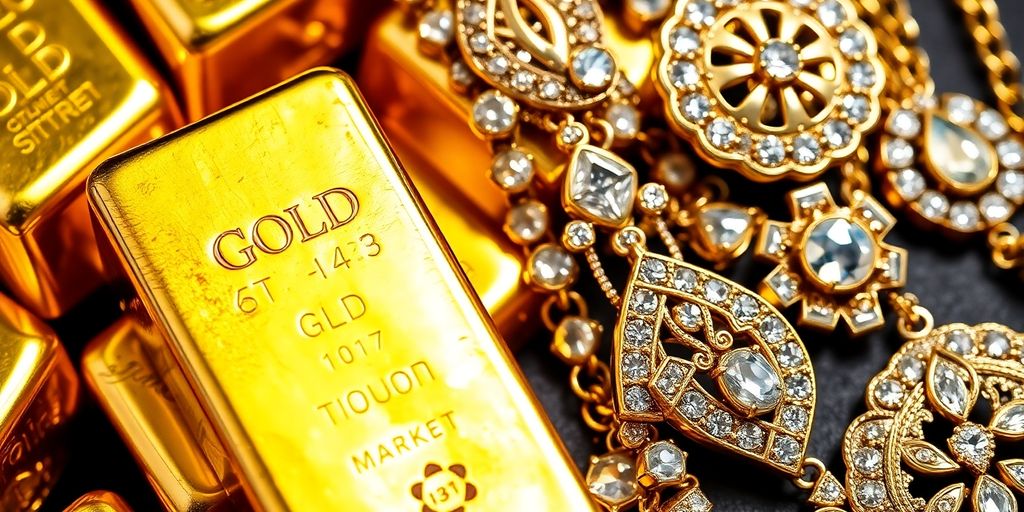 Barres d'or et bijoux en gros plan.