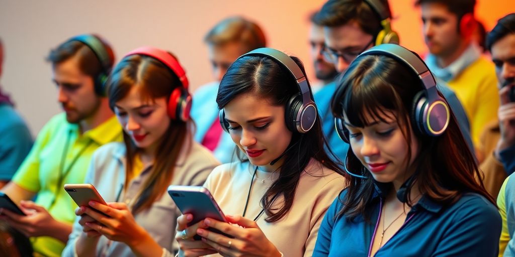 Personas escuchando pódcasts en diversos dispositivos.