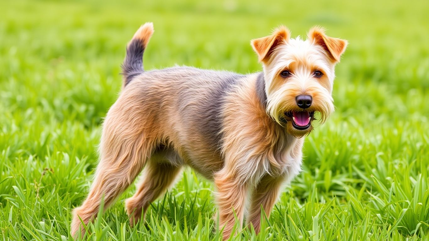 Lakeland Terrier in a green field, showcasing its coat.
