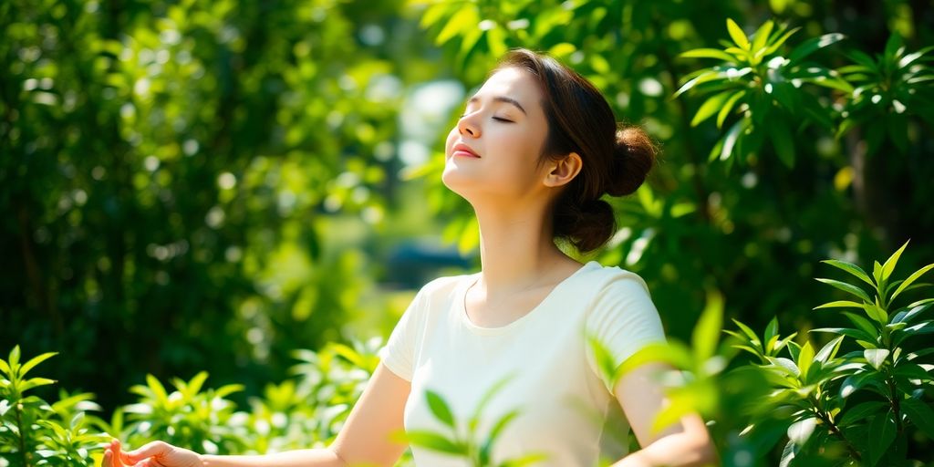 Person meditating peacefully outdoors.