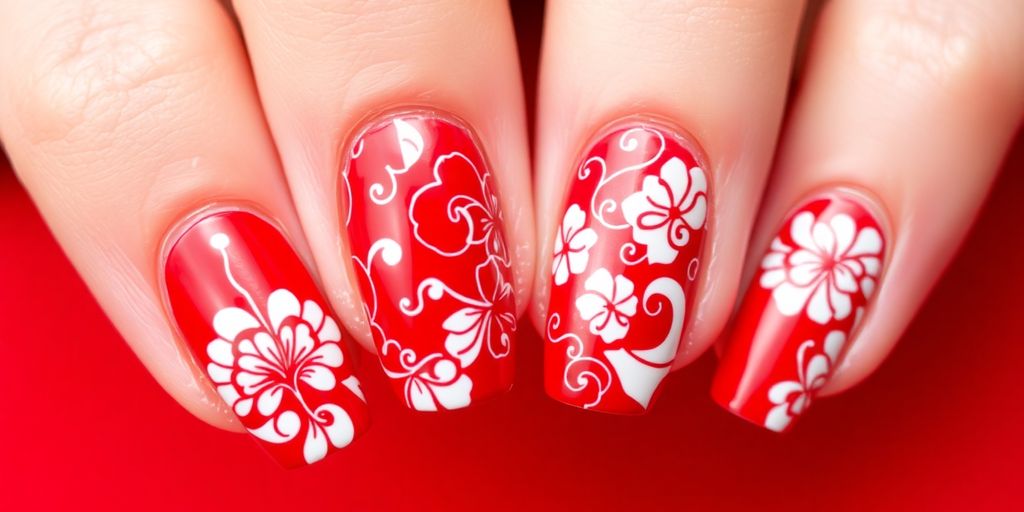 Unhas decoradas vermelhas e brancas com designs elegantes.