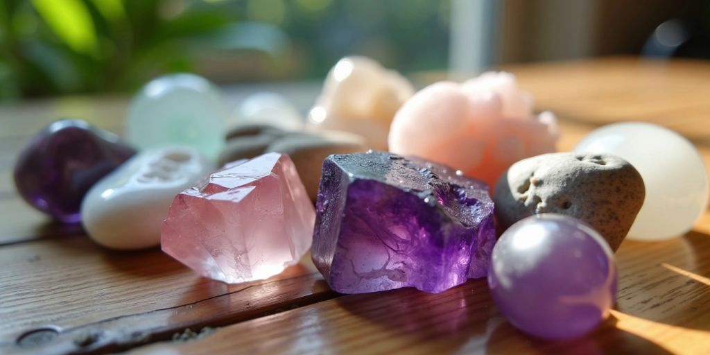 Pietre curative su superficie di legno
