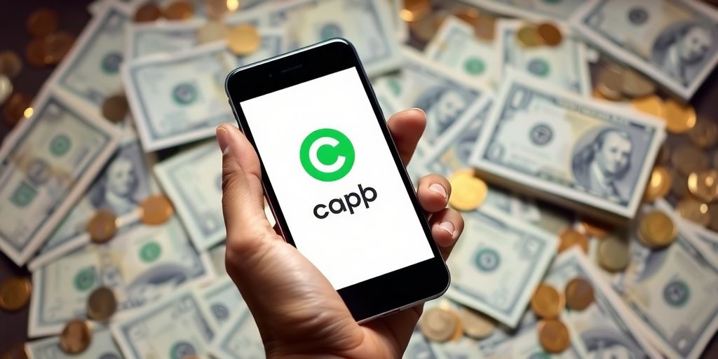 Hand holding Cash App phone with money background.