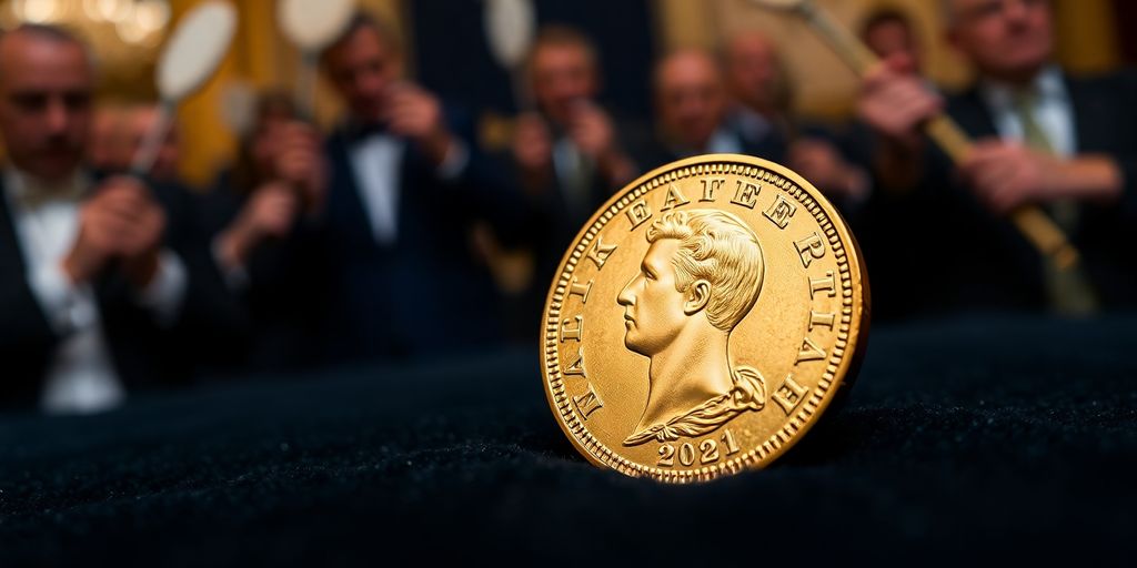 Une pièce de Napoléon en or sur un fond velours.