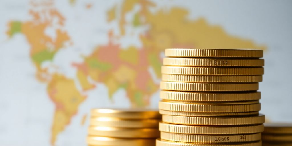 Pièces d'or et carte du monde