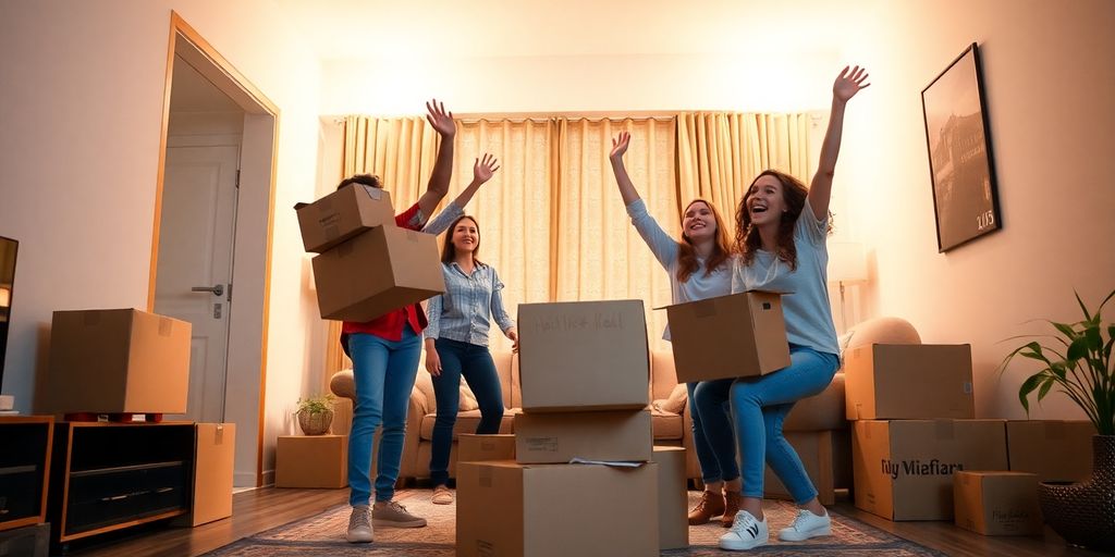 Cozy apartment interior with moving boxes for first-time renters.