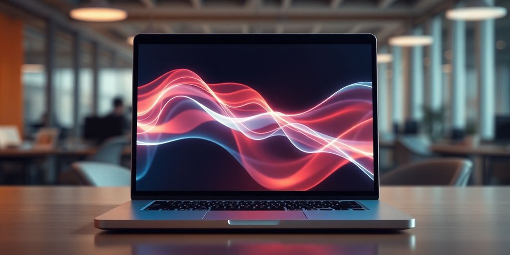 Laptop screen with flowing data visuals
