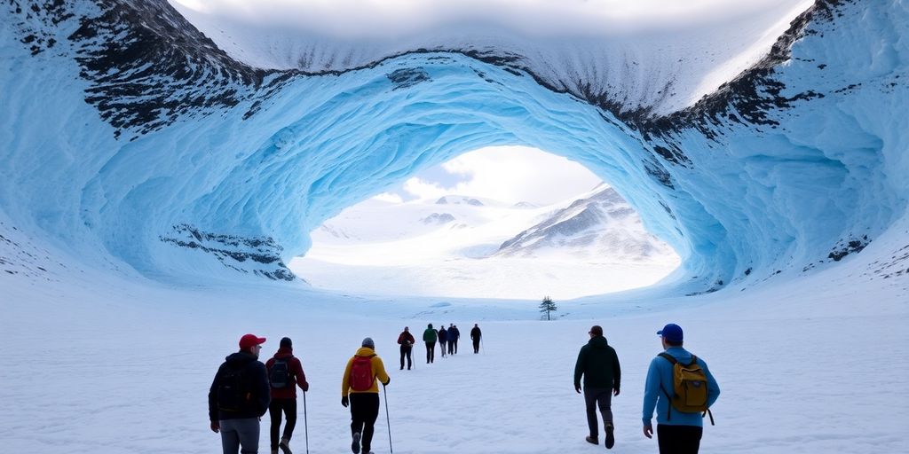 Hikers near Byron Glacier cave entrance.