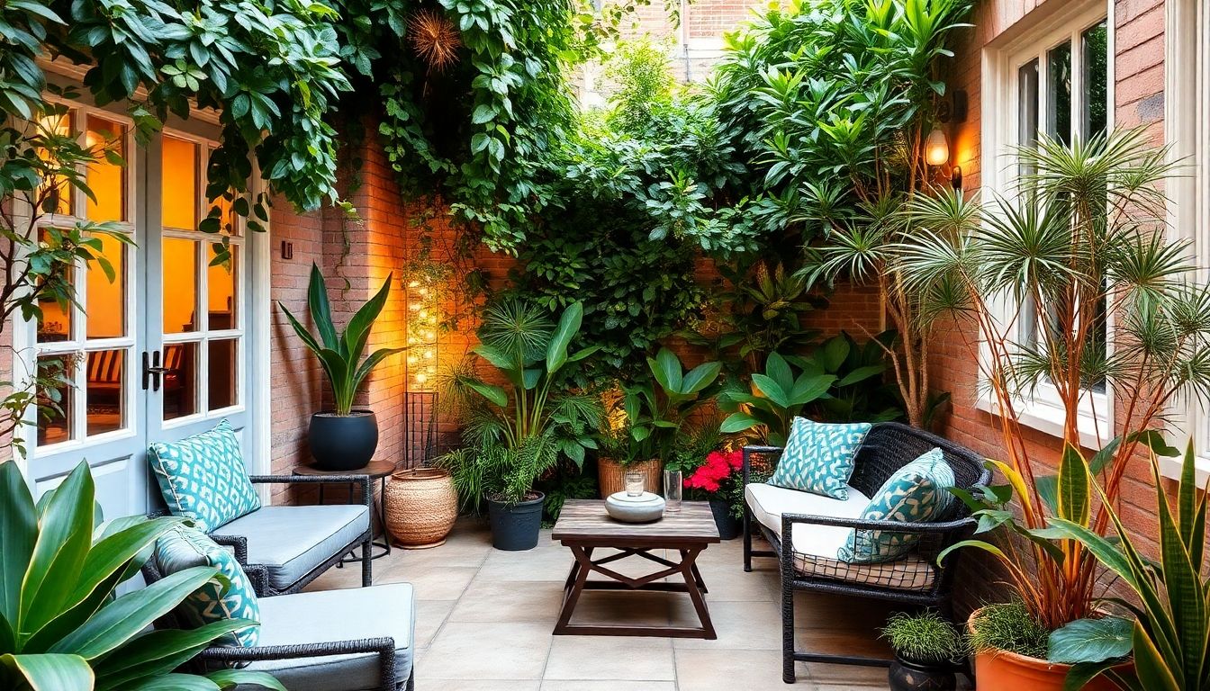Relaxing garden space with seating and greenery.