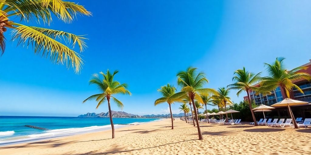 Hermosa playa y palmeras en Grand Solmar Cabo San Lucas.