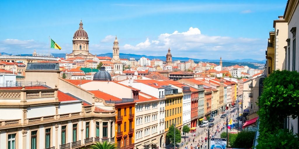 Spanish city skyline with vibrant architecture and street life.