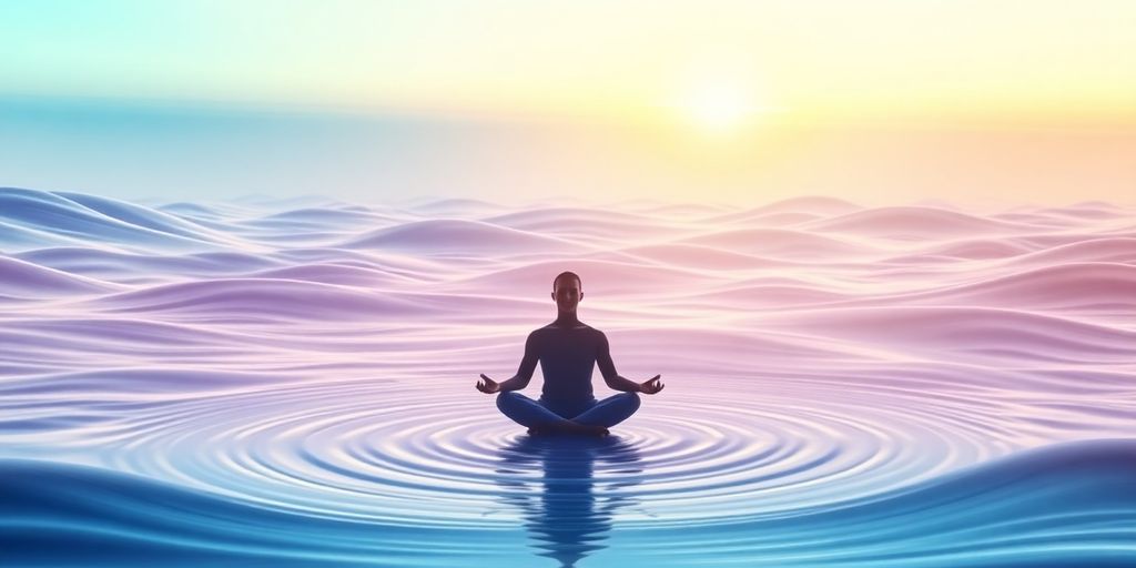 Meditative figure surrounded by flowing sound waves.