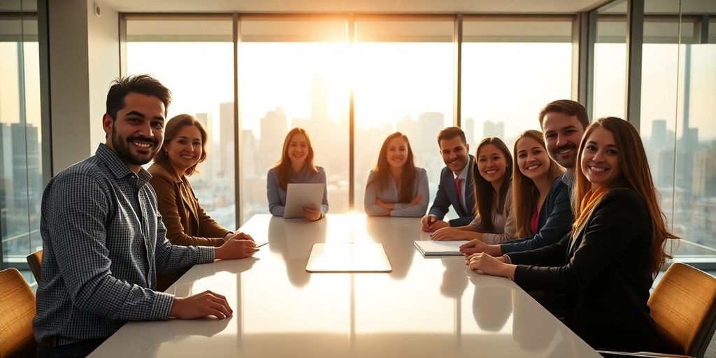 Chicago skyline, diverse professionals, modern office, collaborative atmosphere