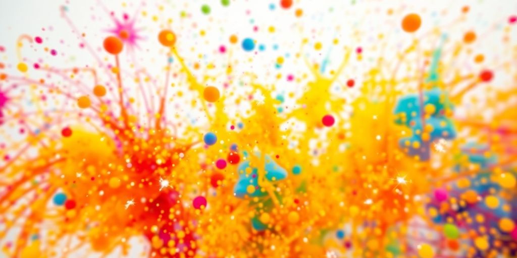 Colorful abstract shapes with scattered words.
