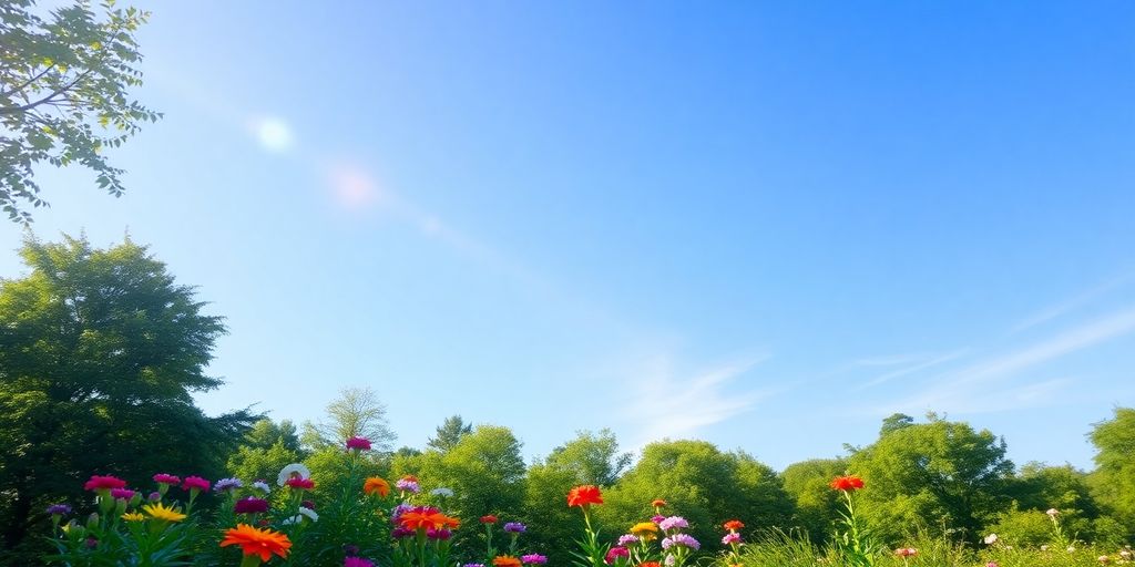 A bright landscape with flowers and trees under blue sky.