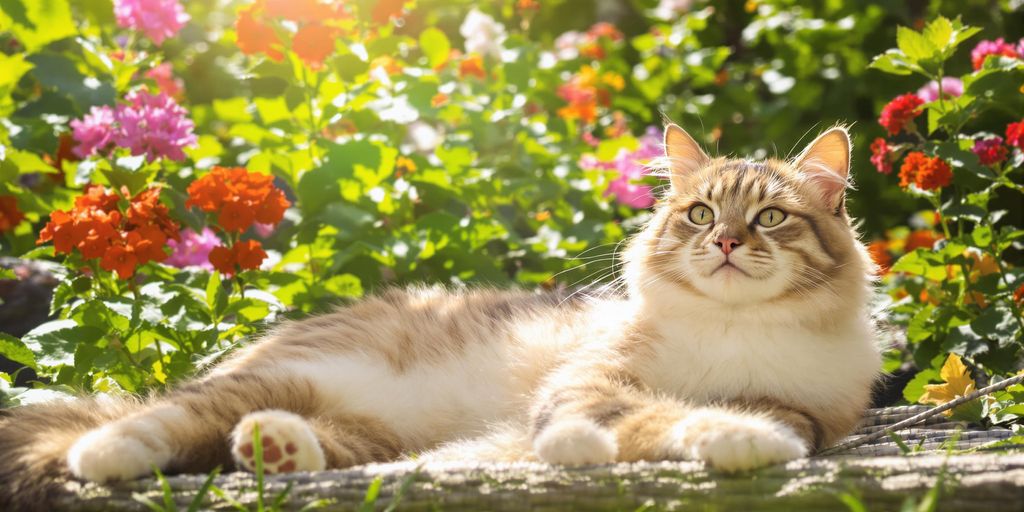 Senior cat relaxing in a sunny outdoor garden.