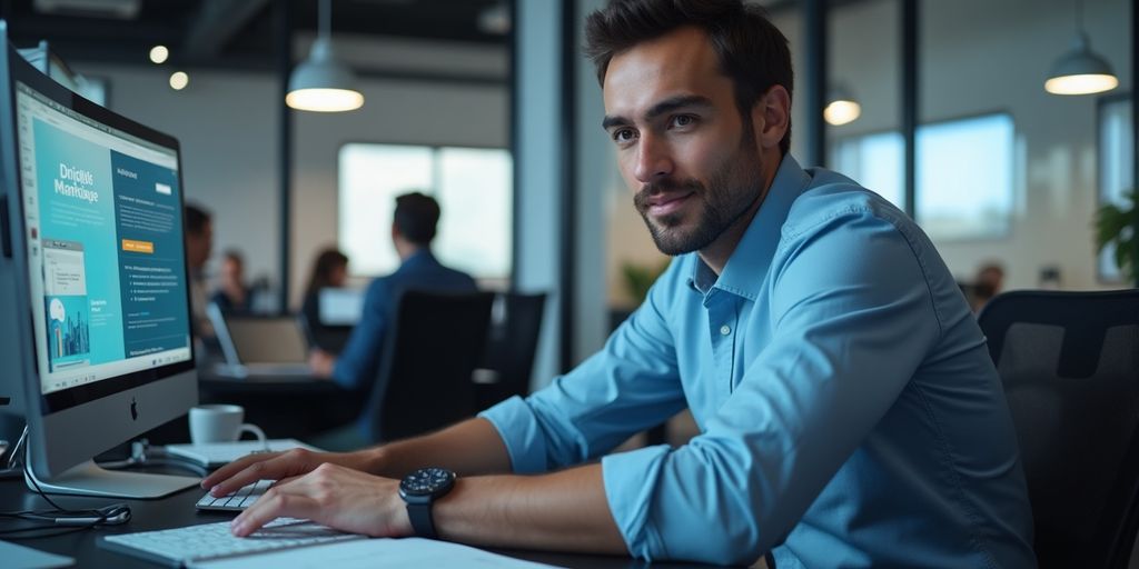 Profissional de marketing digital em ambiente moderno.