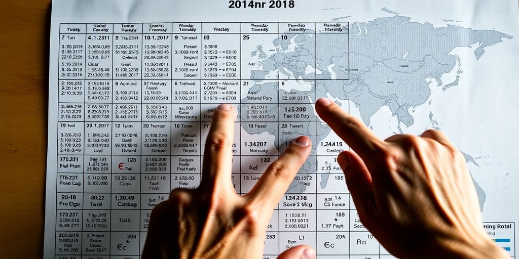 Calendar, global map, currency symbols, and hands.