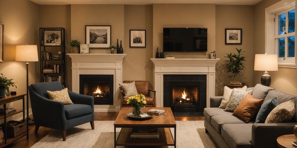 Cozy living room with plush furniture and warm lighting.