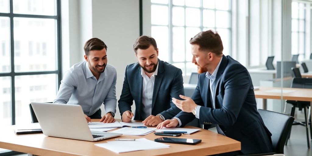 Equipe discutindo estratégias de marketing B2B em escritório.