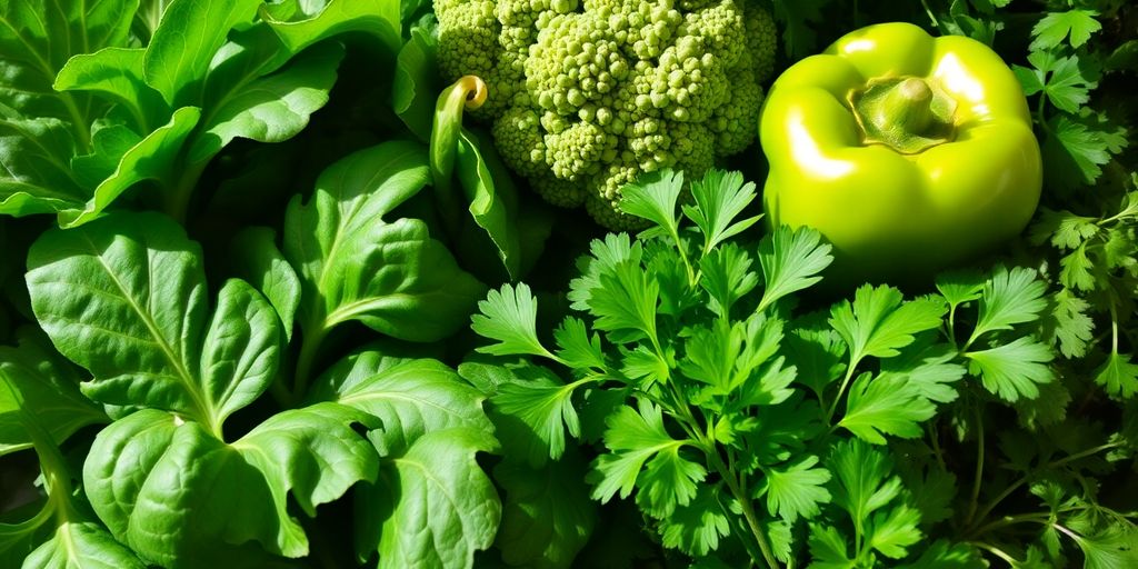 Assortment of fresh green herbs and vegetables.