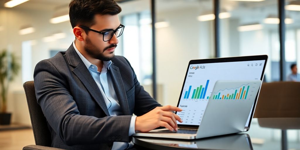 Business professional analysing Google Ads performance metrics.