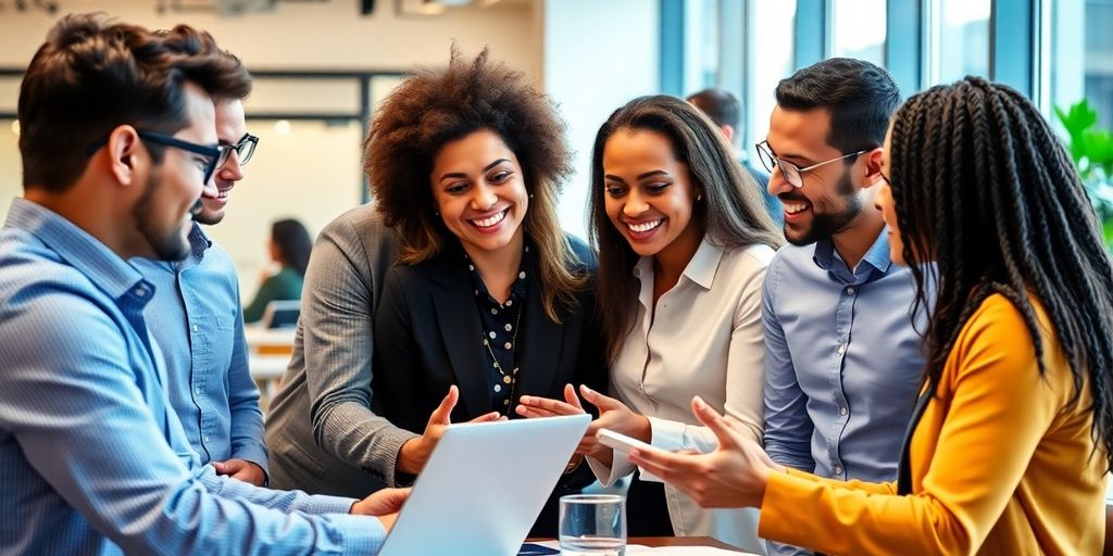 Diverse professionals collaborating in a modern office environment.