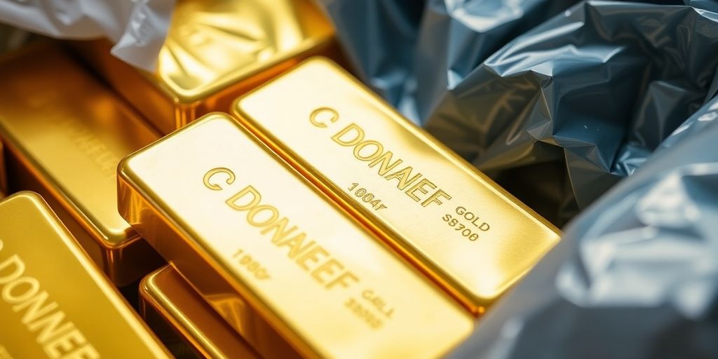 Barres d'or entourées de matériaux d'emballage.