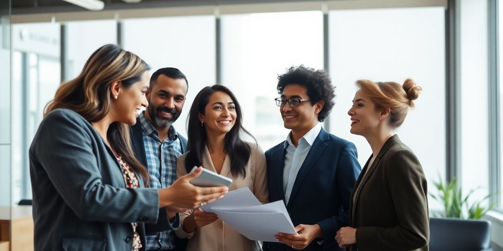 Group of diverse people collaborating in a bright office.